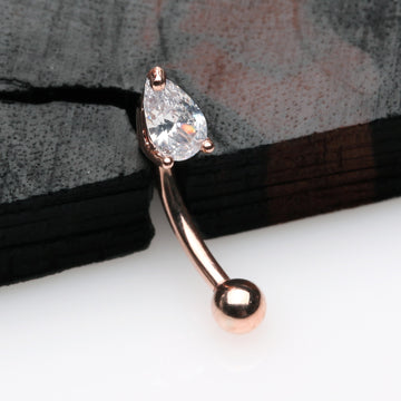 Detail View 1 of Rose Gold Teardrop Gem Sparkle Prong Set Curved Barbell-Clear Gem